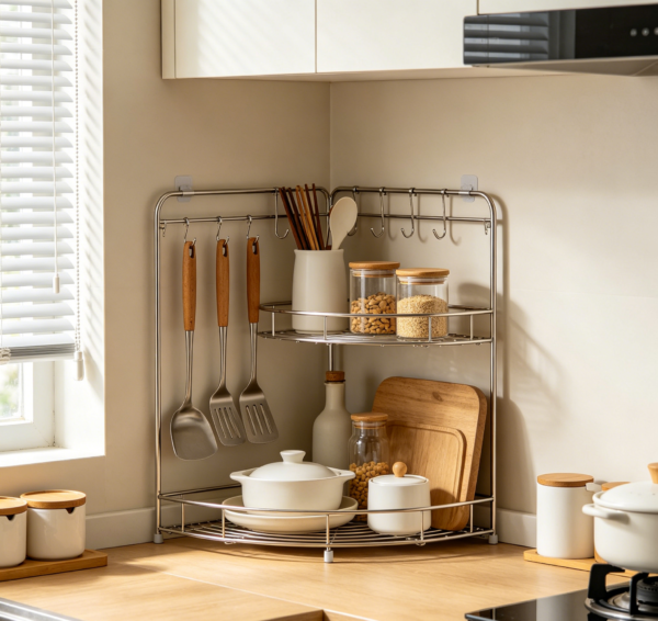 Adjustable Corner Storage Rack with Hooks